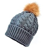 Pawaca ニット帽 ニットキャップ 帽子 子ども ベビー キッズ 女の子 男の子兼用 防寒 お祝い　ポンポン 耳あて付 　ダークグレー