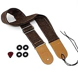 ギター ベース アコギ ストラップ コットンリネン ＋ストラップロック 4枚 ＋ ピック 3種6点 セット (ブラウン)