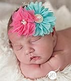 ☆エレガントな素材感サテンとチュールのフラワーヘアバンド☆ピンク＆アクア