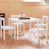 Kids Table and Chairs Set White Wood Children's Set with 1 Square Table and 4 Chairs , Great for Pla
