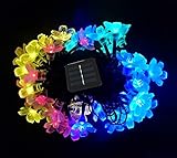 ノーブランドモモの花型ロープライトイルミネーション　ソーラー充電式　LEDライト　手動点灯　50球　7M　防滴仕様　2パターン点灯　クリスマスライト　パーティー飾り　結婚式飾り