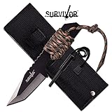 Survivor HK-106320TN Fixed Blade Outdoor Knife, Black Tanto Blade, Two-Tone Tan Cord-Wrapped Handle,