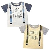 (イエロー/95cm)ベビー服 男の子 Tシャツ 半袖 ロゴ だまし絵プリント ペイズリー チェック ボーダー柄 ワッペン装飾 スナップボタン 男児 ベビー