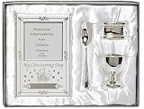 Beautiful Boxed Silver Plated Christening Day Gift Set - 4-Piece, Includes Egg Cup, Spoon, Baby Phot