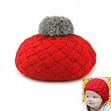 AStorePlus子供冬帽子、ベビーGirl 's Cold Weather Slouchyニットベレー帽子厚手ウールビーニーキャップwithポンポン付き、レッド、ベージュ、イエロー、ピンク カラー