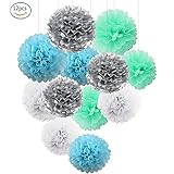 ブルーホワイトミントシルバー紙ポンポンdecorations-12 PCの8,10,12 inch-paper花、ボールウェディングパーティーベビーシャワーの装飾/ Birthday Celebrat
