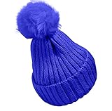 Plus Nao(プラスナオ) 子供用 ニット帽 ファーボンボン付き リブニット ワッチ ビーニー ニットキャップ キッズ ジュニア シンプル 無地 女 - ブルー