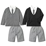 (グレー/80cm)ベビー服 男の子 フォーマル スーツ 長袖 上下組 フェイク Vネック カーディガン シャツ ハーフ パンツ 千鳥格子 無地 男児 ベビー