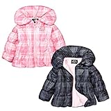 (ピンク/95cm)ベビー服 女の子 アウター フルジップ ジャケット 中綿 裏フリース チェック柄 シャーリング ロゴ刺繍 女児 ベビー