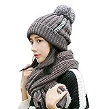 Pawaca ニット帽 レディース ポンポン 耳あて付 かわいい 秋冬 防寒 おしゃれ 小顔効果 ニットスカーフ 2点セット　ポンポン グレー