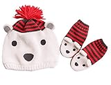 (トヨベイ)Toyobuy 可愛い 新生児 赤ちゃん ベビー 帽子 ニット帽子 手袋 2点セット子供 帽子 女の子 防寒 ニットキャップ 男の子 耳あて 秋冬 くま 赤 S