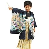 腰紐2本付き 子供用着物 五歳 男の子 七五三用祝着 羽織袴12点セット (I3：紺×兜に巻物)