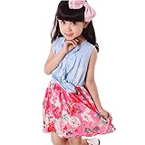 Yumiki　子供服　女の子　ワンピース　花柄　デイムワンピース　ノースリーブ　フリル　可愛い　お姫様　カジュアル　日常　普段着　肌触り良い　お出かけ　夏　パーティー (160, レッド)