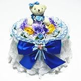 ３層のレースと大きなリボンやお花でデコレーションした円形 おむつケーキ (ブルー)