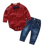 2ピースベビー男の子紳士ボウタイ格子柄シャツとデニムパンツ衣装セット カラー: レッド