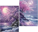 Amyaker ダイヤモンドアート キット 四角いビーズ 全面 2個セット ダイアモンドビーズ絵画キット DIY 手作り絵画 モザイクアート 5D モザイクアート ダイヤモンド塗装 全面貼り付けタイプ 30x40cm 桜 月