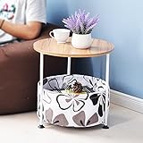 収納 サイドテーブル ナイトテーブル 収納家具 木製 天板 布製 バスケット 丸 まる (天板 ブラウン・バスケット)チークカラー