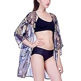 レディース花柄シフォンレース7分袖カーディガンゆったり薄手UVカットアウター冷房対策夏 (ダークブルー)