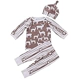 ベビー服　3点セット　Ｔシャツ　ロングパンツ　ベビー帽子　赤ちゃん服　　鹿柄　コットン　可愛い　長袖　春　秋　出産祝い (90, ブラウン)