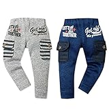 (ネイビー/95cm)ベビー服 男の子 ロング カーゴ パンツ ボトム ニットソー 裏起毛 ロゴプリント ボーダー柄 ウエストゴム タグ装飾 男児 ベビー