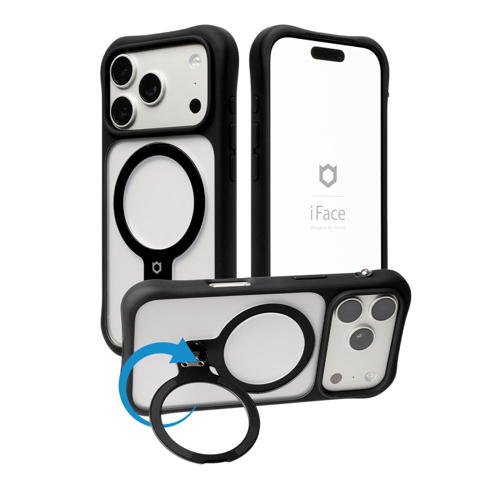 iFace iPhone 18 Pro / 17 Pro対応ケース 360°回転スタンド 耐衝撃 米軍MIL規格 Leany (ブラック) | MagSafe対応 縦置き約90度 横置き 指紋が目立ちにくい MagSynq マグセーフ スタンドケース