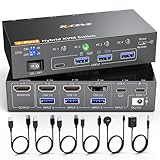 KCEVE 4K KVMスイッチ EDID機能 4入力1出力 (2HDMI+1DP+1Type-C 系統入力)、デスクトップPC+ノートPC対応 4K60Hz KVM 切替器、ノートパソコンPD充電、4台のPCで1台のモニターと1組のキーボードマウスを共有