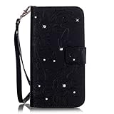 UNEXTATI iPhone 7 ケース ダイヤモンド 手帳型ケース カバー カード収納 ストラップ 付き Apple iPhone7 用 Case Cover (ブラック)