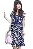 スウィートマミー (Sweet Mommy) サテントリミング フラワープリント 授乳 ワンピース マタニティ / 授乳服 S ネイビー×ネイビー