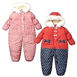 (ピンク/90cm)ベビー服 女の子 カバーオール ジャンプスーツ UZULAND ウズランド 中綿 裏フリース 撥水加工 前開きファスナー デニム風ドット切替 リボン ファー付きフード 女児 ベビー