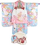 七五三 着物　3歳　着物セット 3歳用高級被布10点セット　水色地に牡丹と桜【被布/白地に手鞠柄・ピンクぼかし】【七五三　３歳用祝着 お祝い着 】