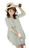 【SEBLES】マタニティ 妊婦 ファッション ワンピース カジュアル ボーダー ネイビー ホワイト フレア スカート リボン コットン 綿 ラウンドネック 七分袖 春 初夏 夏 大人可愛い(XXL)