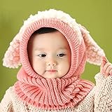 Pawaca ニット帽 ニットキャップ 帽子 子ども ベビー キッズ 女の子 男の子兼用 フード付 ボア ネックウォーマー 防寒 お祝い　ピンク