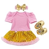Gmasking 子供ドレス フォーマルワンピース 女の子 女児 スパンコール付 蝶結びスカート 靴 リボン飾り 3点セット (L(6-12Months), イエロー)