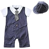 イーエフイーEFEベビーボーイズ蝶ネクタイ付半袖ロンパー×帽子2点セットベビー服　スーツ風切替ロンパース　コットン　オムツ着替便利　2色 (95, 紺色) [並行輸入品]