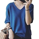 [ANCKDOCE] レディース サマーニット半袖 Tシャツ Vネック ゆったり 落ち感カットソー ファッション夏服 トップス きれい め コーデ (Blue)