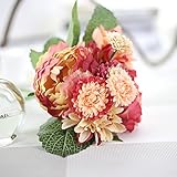 LuxBene(TM) 人工花は1ブーケ牡丹ダリアシルクフラワービビッドフェイクリーフ結婚式ホームパーティーの装飾新着C秋