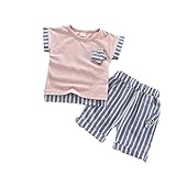 Pojour 夏 1-6歳キッズＴシャツ 可愛いシャツ 男女兼用　通気 綿 ストライプＴシャツ 上下セット ピンク(80cm)