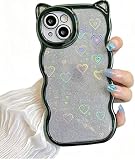 「Jinrayplus」対応 iPhone 13 ケース 面白い 韓国 おしゃれ おもしろ メッキ 曲面 ベゼル 動物 贅沢 3D ステレオ 猫耳 が光る レーザー 光沢 ぴかぴか光る ハート型 キラキラ フラッシュペーパ かわいい スマホケース （ iPhone13, 緑 Green ）