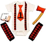 最初誕生日ケーキSmashセットLumberjack Onesie Plaid RedブラックBoy Leg Warmer & Axe Outfit カラー: レッド