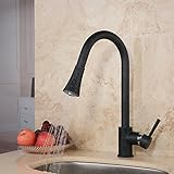 Hiendure Solid Brass Single Lever High Arc Pull Down Kitchen Faucet with Retractable Pull Out Wand S