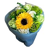 【ローズ&ひまわり花束 グリーン】フレグランスソープフラワー 父の日ギフト 枯れないお花 お祝い お見舞い 誕生日 送別会 卒業 入学のプレゼントに (グリーン)