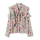 [XINXIKEJI]ブラウス レディース 春秋 花柄 ｖネック フレア リボン シフォン 長袖 シンプル きれいめ 体型カバー 普段着 通学 運動会 旅行 S-XL グリーン