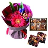 花とスイーツ ギフトセット かわいいレッド バラ ミックス花束　と　木の実と果物のチョコレートケーキ 6個　洋菓子 写真入りメッセージカード