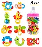 9 Piece Baby Rattle and Teether Toy Gift Set for Girls inストレージミルクボトル(ピンク)