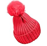 Plus Nao(プラスナオ) 子供用 ニット帽 ファーボンボン付き リブニット ワッチ ビーニー ニットキャップ キッズ ジュニア シンプル 無地 女の子 男の子 冬帽子 - レッド