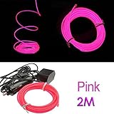 SODIAL(R) 2MフレキシブルなELワイヤー　ネオンLEDカーライト　パーティーロープチューブ＋12Vインバータ - ピンク色