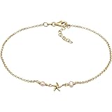 Elli Women's 925 Sterling Silver Gold Plated Starfish Beach Beads Pearl Anklet - 22cm length, Silver