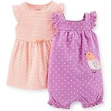 カーターズ（Carter's）【2015年春夏最新作】女の子用ラベンダー水玉小鳥さんロンパース&ネオンオレンジボーダーリボン付きワンピース2枚セット【並行輸入】 (12months(72cm-78cm