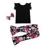 Tovadoo 子供服 ベビー服 女の子 トップス+ラッパズボン+ヘアバンド 春夏 フレアスリーブ タンクトップ 英字 花柄 レトロ風 プリンセス 可愛い プレゼント 通学 旅行 海遊び 2-6歳