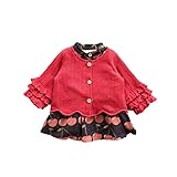 桜桃柄 ワンピース&カーディガン 2点セット クルーネック ニット チュニック 長袖 洋服 ブラウス ガールズ 春 女の子1~4歳 レッド73cm